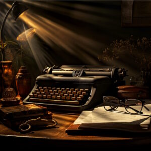 A mysterious office dimly lit with an old typewriter on a desk.